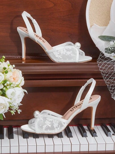 CUCCOO HITCHD Women's White Pointed Toe Stiletto Heel Lace Mesh Faux Pearl Elegant Wedding Party High Heel Sandals For Christmas