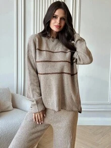 Firerie Women's Casual Loose Contrast Color Knit Sweater Set, Long Sleeve Round Neck Top And Pants Set, Suitable For Spring, Autumn And Winter, Contrast Color Trim Knit Suit, Spring, Autumn And Winter Clothing, Commuting, Elegant, Casual Daily, Work Outfit,Fall - Khaki - View 5