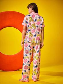 Chillnights X LOONEY TUNES Conjunto de pijama feminino com estampa de desenho animado, blusa de manga curta e calça, pijama de verão, conjunto de pijama feminino com desenho animado, conjunto de pijama rosa, pijama Tweety Bird, conjunto de roupa de dormir feminino