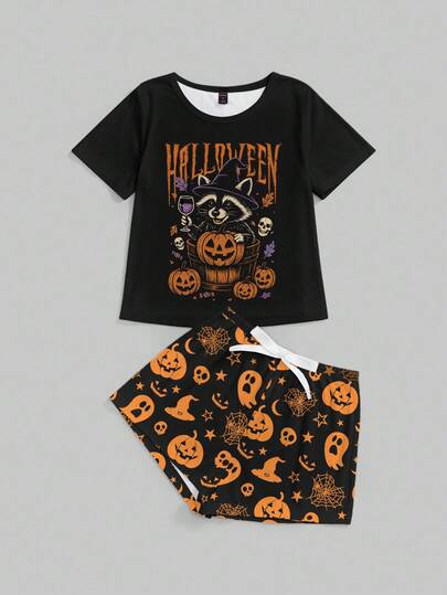Halloween Raccoon, Pumpkin, Skull Print Short Sleeve & Shorts Pajama Set, Casual Loungewear