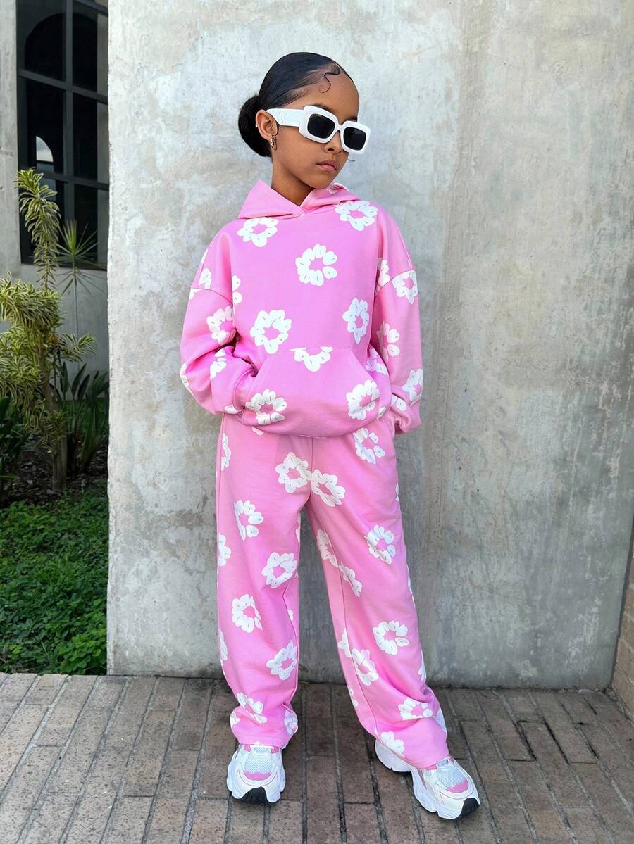 Set de 2 piezas de sudadera con capucha y pantalón jogger de estampado floral suave y casual para niñas preadolescentes - Rosa - Ver 1