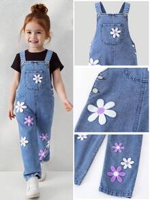 SHEIN 女童牛仔背带裤和连体裤 女童碎花装饰可爱背带裤 Y2K学院风休闲可爱复古2000千禧风波西米亚立体花朵紫色和白色花朵刺绣舒适棉质牛仔布柔软日常外出上学通勤聚会居家度假万圣节圣诞节中国新年女童新款时尚雪花水洗设计爆炸刺绣阔腿牛仔裤开学第一天秋冬季 - 藏蓝色 - 查看 6