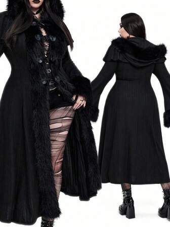 Whyspr 加大码连帽毛领拼布罗纹喇叭纽扣修身喇叭袖夹克