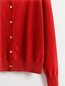 EMERY ROSE Loose Button-Up Round Neck Comfortable Solid Cardigan - Red - View 3