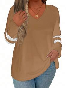Plus Striped Print V Neck Tee Graphic Tees Women Tops - Brown - View 5