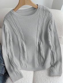 SHEIN Jersey de punto de cuello redondo gris con ajuste holgado, estilo universitario casual minimalista, jersey gris, ropa de mujer, jersey corto, jersey de mujer, jersey gris de manga larga, jersey de otoño e invierno - Gris - Ver 2