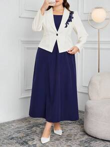 Modelyn 大码女式秋季贴花装饰泡泡袖夹克和吊带裙优雅套装 - 彩色 - 查看 4