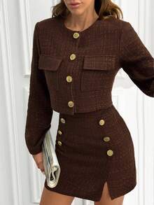EURMUSE Women's Brown And Gold Tweed Skirt Suit Set With Buttons Vintage Business Casual Two Pieces Blazer And Mini Skirt Outfit Elegant Textured Jacket - Brown - View 5