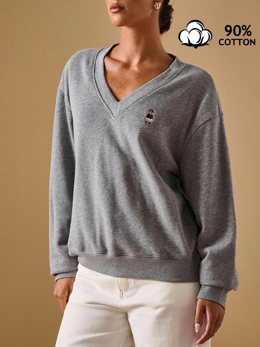 Briarwyn Fall Women's Solid Color Casual Loose Fashion Versatile V-Neck Embroidered Sweatshirt,Fall For Women,Back To School,Fall Women Old Money Style Women Casual - Dark Grey - View 1