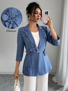 Elenzga Women's Elegant 3D Floral Decor Lapel Neck3/4 Sleeve Jacket, Autumn - Blue - View 1