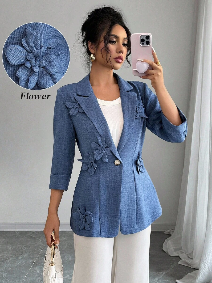 Elenzga Women's Elegant 3D Floral Decor Lapel Neck3/4 Sleeve Jacket, Autumn - Blue - View 1
