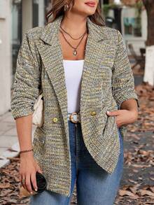 SHEIN Clasi Áo khoác blazer cổ ve kẻ caro tay dài cài hai hàng khuy thường ngày cho nữ cỡ lớn - Nhiều màu - Xem 8