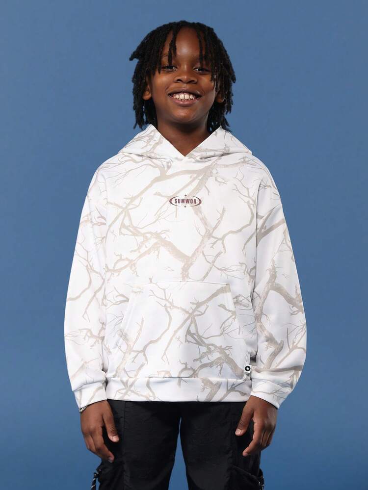 White Branch Pattern Pullover Hoodie With Centre Pocket