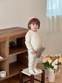 DAZY Baby Girl Solid Color Korean Style Knitted Jumpsuit Fall, Winter Toddler Girls Clothes - Beige - View 5