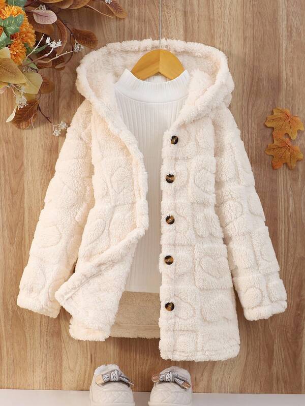Young Girl Heart Fleece Lined Long Sleeve Single-Breasted Casual Hooded Jacket, Autumn/Winter Fall
