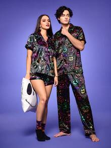 Notgurli Women's 2pcs Pajama Set Halloween Glow-In-The-Dark Ghost Satin Black Summer Goth Sleep Cardigan Collar Short Sleeve Shorts Comfortable Skin-Friendly - Black - View 3