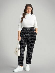 Comfylo 大码女式格子休闲裤，带口袋和侧开衩，适合度假、新年、冬季、商务、秋季和返校季 - 黑色 - 查看 8