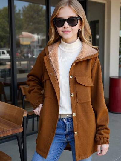 SHEIN 少女舒适休闲保暖内衬纽扣口袋棕色夹克，百搭日常穿着，秋冬