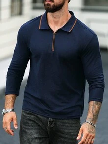 Manfinity Mode Men's Zipper Design Long Sleeve Casual Commuter Quarter Zip Shirt, Fall, Old Money - Royal Blue - View 3