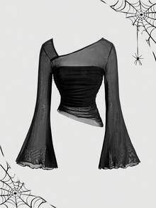 SHEIN MOD 女士黑色网纱修身喇叭袖上衣，黑色网纱喇叭袖上衣，秋季，万圣节服装，工作，波西米亚风，教师，褶皱上衣，长袖上衣 - 黑色 - 查看 2