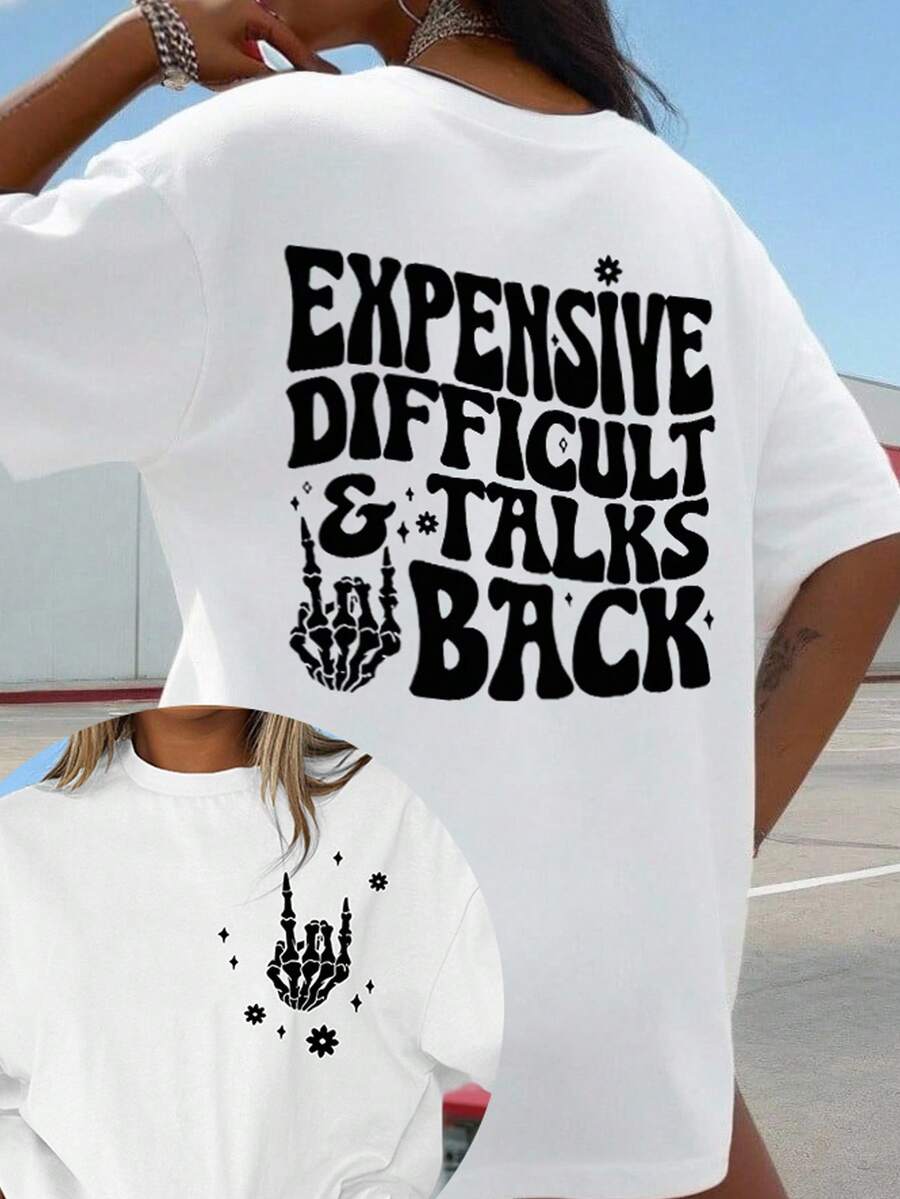 Maweii Letter Slogan Round Neck Short Sleeve Fashionable Minimalist Plus Size T-Shirt - White - View 1