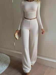 SHEIN Tween Girls Long Sleeve T-Shirt & Wide Leg Pants Co-Ord Set, Light Apricot - Apricot - View 5