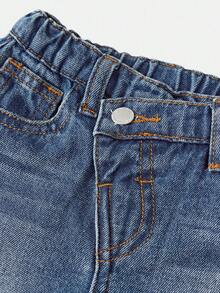 SHEIN 女童Y2K可爱蓝色牛仔毛边不对称腰宽松裤，加绒保暖裤，街头风，冬季休闲时尚度假装，加绒保暖，秋季穿着更舒适 - 深色水洗藍 - 查看 6