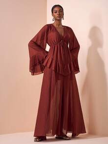 Zivah 2025年新款夏秋长袖长裙，V领，腰带，荷叶边下摆，A字形，有衬里，棕色，适合生日派对，返校，日常穿着，邮轮旅行，海滩，日光浴，优雅，通勤，派对，宴会 - 棕色 - 查看 4