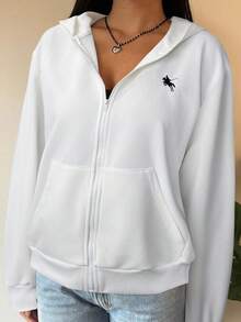 SHEIN EZwear Plus Size Women White Casual Hooded Zip-Up Sweatshirt White Zip Up Hoodie,Fall Clothes For Women Winter Autumn