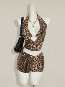 SHEIN ICON 2 件女式性感闪光派对时尚亮片豹纹露背吊带背心，夏季 - 彩色 - 查看 4