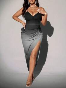 Viva Relle Plus Size Elegant Sexy Pleated Ombre Slip Dress - Black and White - View 2