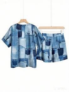 Zolique 女款夏季圓領短袖上衣和短褲套裝，隨性休閒 - 藍色 - 查看 2