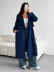 Vionelle Áo khoác trench coat dáng rộng màu trơn cỡ lớn - Màu xanh hải quân - Xem 6