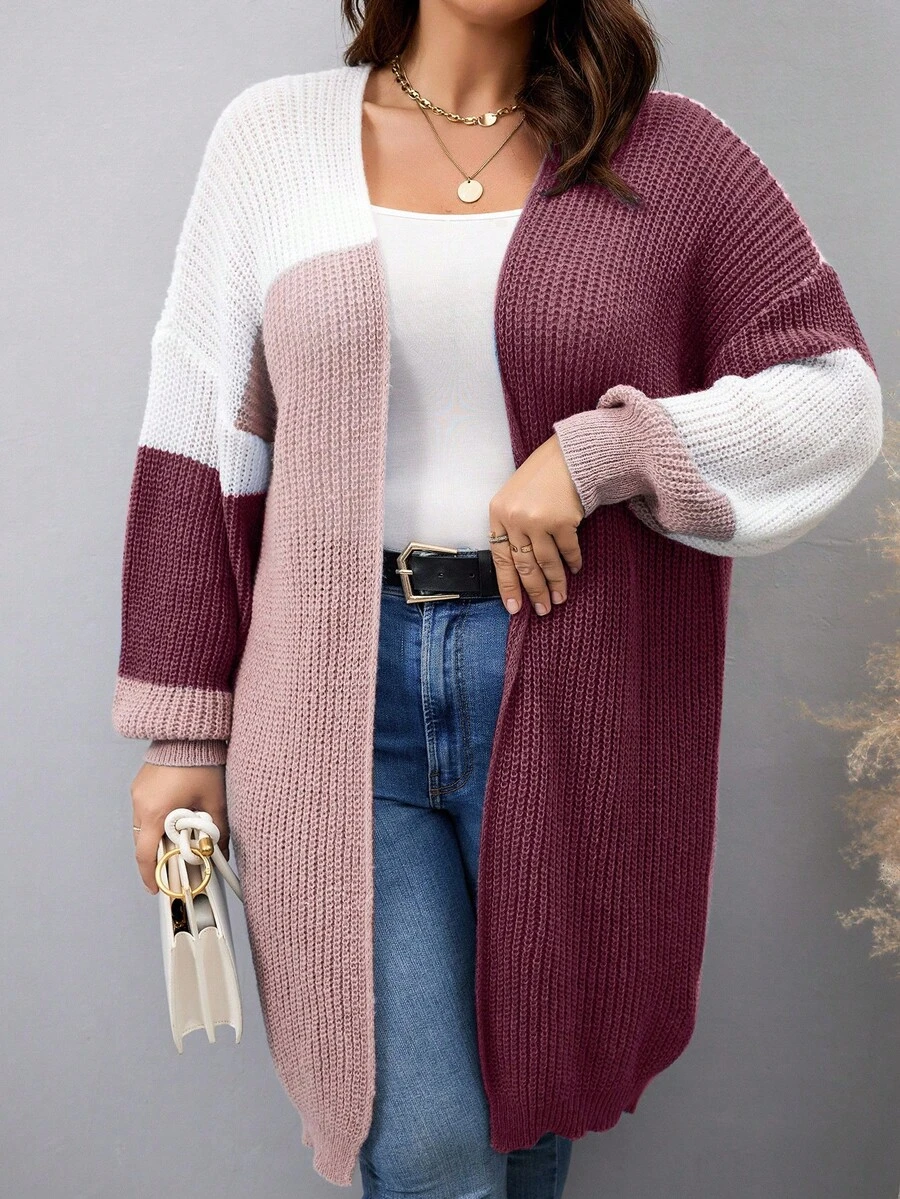 Vionelle Plus Size Colorblock Patchwork Mid-Length Casual Cardigan, Autumn/Winter Plus Size Cardigan Plus Size Sweaters Fall Clothes For Women Color Block Cardigan Knit Cardigan - Red - View 1