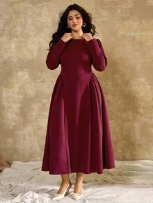 Roveilla 大码女式优雅法式浪漫复古办公室通勤街头风格下午茶派对感恩节返校方领 A 字长袖超长连衣裙，腰带蝴蝶结和泡泡袖 - 紫紅色 - 查看 6