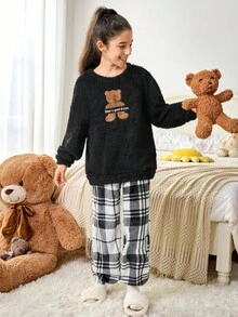 2 件套女童可爱熊贴花刺绣圆领长袖上衣和黑白格子印花法兰绒睡裤柔软舒适羊毛睡衣套装 - 黑色 - 查看 5