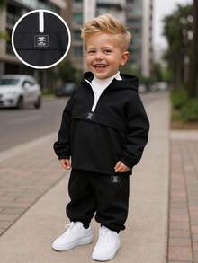 SHEIN Young Boy 2pcs Spring/Summer Lightweight Suit, Minimalist Hooded Long Sleeve Top With Drawstring Ankle Sports Pants, Fashionable Casual Two Pieces Set Fall Winter