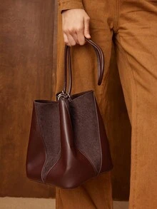 MOTF PREMIUM WOMEN'S SOFT SUEDE PATCHWORK BUCKET BAG ESPRESSO BROWN - Coffee Brown - View 6