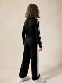 Sparklyn 四向弹力高弹力年轻女孩黑色罗纹拼接长袖夹克和紧身直筒裤套装，修身瑜伽健身休闲户外运动套装 - 黑色 - 查看 4