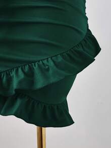 Sunspun 大码女式纯色性感V领系带褶饰腰部镂空紧身连衣裙 - 綠色 - 查看 6