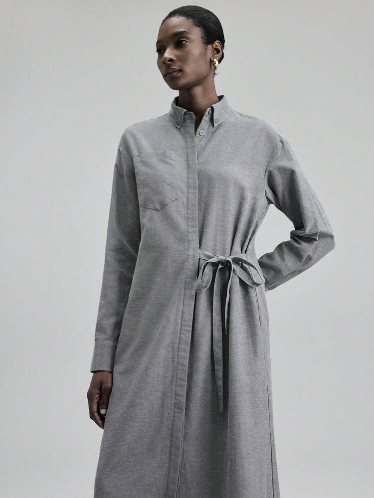 2025 Autumn New Arrival, Suitable For 5-15°C, Elegant Woven Fabric Long Shirt Dress With Waist Tie, Pockets, Business Casual, Commute, Daily Wear, Autumn/Winter, Christmas, New Year
