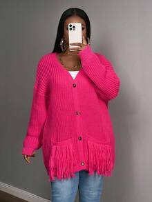 Slaydiva Cerise Pink Autumn Curve Smart Casual Loungewear,Plus Size Women Elegant Vintage Bohemian Knitted Pocket Tassel Cardigan,Office Streetwear - Pink - View 3