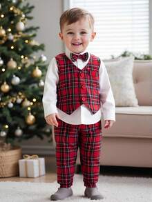 SHEIN 3pcs Baby Boy Gentleman Outfit Set,Red And White Plaid Pants,Bowknot Vest,Elegant Wedding Suit For Summer Birthday Party,Christening,Formal Occasions - Red - View 7