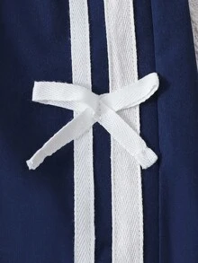 SHEIN Girls Everyday Casual Navy Blue Long Pants With Straight Leg And White Striped Tape Detail Fall Winter - Navy Blue - View 6