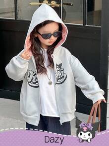 DAZY HELLO KITTY AND FRIENDS | SHEIN 少女拉链连帽羊毛印花卫衣，秋冬 - 淺灰色 - 查看 4