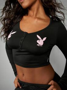 Missguided x Playboy Christmas Long Sleeve Crop Top With Wide Leg Pants Set - Black - View 5