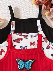 SHEIN Playful Pals 3pcs Baby Girl Summer Set: Solid Color Ribbed Romper With Butterfly Print & 3D Bow Accent, Casual & Minimalist Style - Multicolor - View 6