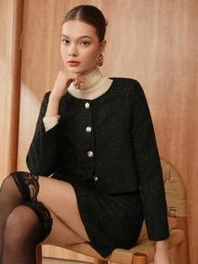 Chiquease 优雅两件套：女式亮面单排扣长袖夹克和不对称下摆中长裙，秋冬 - 黑色 - 查看 4