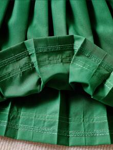 SHEIN 女童条纹缎带饰边褶皱A字裙 秋冬绿色裙子 褶皱裙 绿色裙子 女童褶皱裙 条纹裙 - 墨綠色 - 查看 6