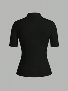 SHEIN EZwear 2件套女式黑色立领修身长袖打底T恤套装 - 黑色 - 查看 3